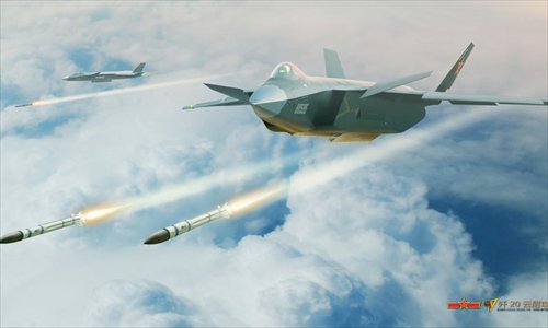 A picture exposed that Chinese stealth fighter J-20 may be armed with a new model of air-to-air missiles in its side weapon bay days ago. Fans draw some sketch photos showing that the fighter is lanuching missiles in the air. (Source: huanqiu.com) 