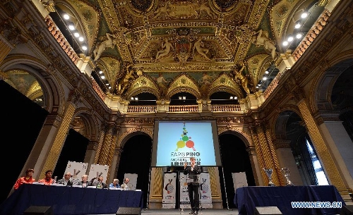 Photos taken on May 11, 2013 shows a view of the official draw of the upcoming World Table Tennis Championships in Paris, France. The world championships will kick off on May 13 and the final event will be held on May 20. (Xinhua/Tao Xiyi) 