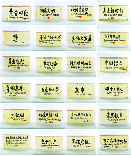 Shu Yong's Guge Bricks show popular Chinese online phrases with their English translation according to Google. Photos: Courtesy of Wang Chunchen
