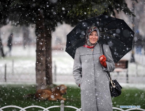 Snow falls as a woman walks in Sultan Ahmet Square in the Turkish city of Istanbul on January 7, 2013. Heavy snow hit Istanbul on Monday, paralysing daily life, disrupting air traffic and land transport. Many provinces across Turkey are also being affected by heavy snow which led to the closure of schools in nine province and blocked traffic in many villages. (Xinhua/Ma Yan) 