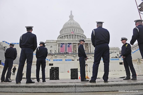 Members of U.S. armed forces take part in a dress rehearsal of the 57th Presidential Inaugural ceremony on the West Steps of the U.S. Capitol in Washington D.C., capital of the United States, Jan. 13, 2013. U.S. President Barack Obama will be ceremonially sworn in for a second four-year term on January 21. (Xinhua/Zhang Jun) 