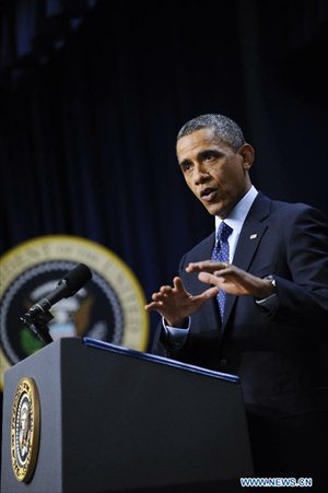 US President Barack Obama makes a statement on fiscal cliff negotiations at the White House in Washington D.C., capital of the United States, Dec. 31, 2012. Obama said here on Monday that an agreement to avert the 