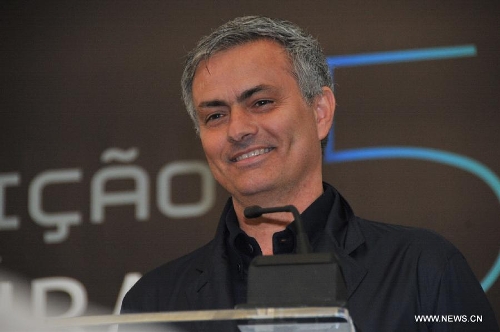 Real Madrid coach Jose Mourinho speaks at a press conference as he attends 