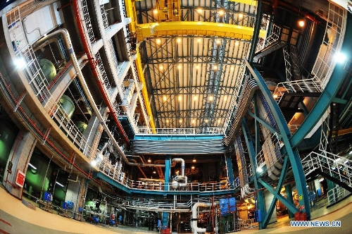Photo taken on April 18, 2013 shows the interior of the Ningde Nuclear Power Plant in Ningde, southeast China's Fujian Province. The nuclear power plant made its generator No. 1 begin operating on Thursday, making it the first of its kind in the province. Ningde nuclear power plant, with four generators in the first phase of construction, is co-funded and jointly run by Guangdong Nuclear Power Group, Datang International Power Generation Co. Ltd., and Fujian Energy Group Co. Ltd. (Xinhua/Zhang Guojun) 