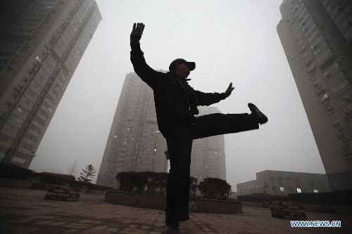 A citizen does morning exercises amid fog and smog in Beijing, capital of China, Feb. 28, 2013. Beijing was again hit by heavy fog and smog on Feb. 28 morning. (Xinhua/Wang Yueling) 