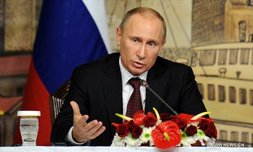 Visiting Russian President Vladimir Putin speaks at a joint press conference with Turkish Prime Minister Recep Tayyip Erdogan (not pictured) in Istanbul, Turkey, on December 3, 2012. Putin said here on Monday that Russia is not an advocate of the Syrian government. Photo: Xinhua