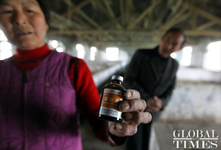 A farmer shows a bottle of medicine for sick pigs. Photo: Yang Hui / GT