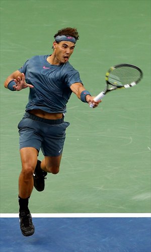 Rafael Nadal of Spain plays a forehand during his men's singles final match of the 2013 US Open against Novak Djokovic of Serbia on Monday in New York City. Photo: CFP