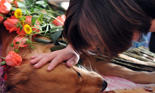 A pet lover says a gentle farewell to a pet dog before it is taken away for cremation. Photo: CFP 
