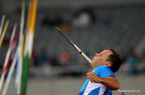 Tero Pitkamaki of Finland competes in the men's Javelin Throw during the IAAF Diamond League Athletics meet in Shanghai, east China, May 18, 2013. Pitkamaki won the first place of the event in 87.60 meters.(Xinhua/Li Ming) 