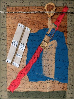 One of Adonis' collages using Arabic calligraphy on parchments and rags 
Photos: Courtesy of Minsheng Art Museum