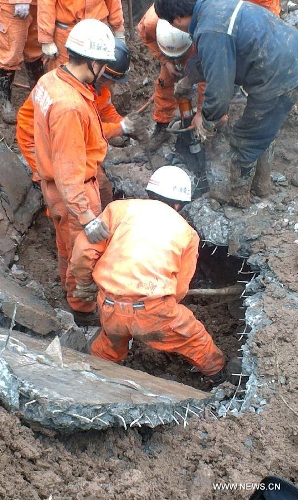Rescuers work at the landslide site at Gaopo Village of Zhenxiong County, southwest China's Yunnan Province, Jan. 11, 2013. More than 10 residential houses with over 40 people were buried after a landslide happened at the village early Friday morning, according to local officials. Eight people have been confirmed dead by now. (Xinhua)&nbsp; 