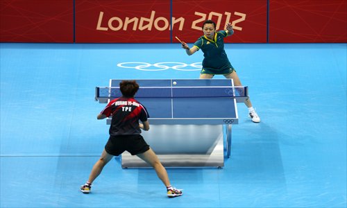 Australia's Miao Miao, born in China, plays a forehand against Huang Yi-hua of Chinese Taipei during their Women's Singles Table Tennis match on Day 1 of the London 2012 Olympic Games at ExCeL on Saturday in London, the UK.
Photo: CFP