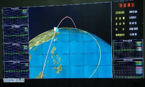 Photo released by the official KCNA news agency of the Democratic People's Republic of Korea (DPRK) on December 12, 2012 shows an orbit image of the satellite Kwangmyongsong-3 which is being monitored on a large screen at the satellite control center. According to the KCNA, the second version of Kwangmyongsong-3 was launched by an Unha-3 carrier rocket at 9:49 a.m. local time (0049 GMT) Wednesday from the Sohae Space Center in Cholsan County, North Phyongan Province, and entered the preset orbit. Photo: Xinhua