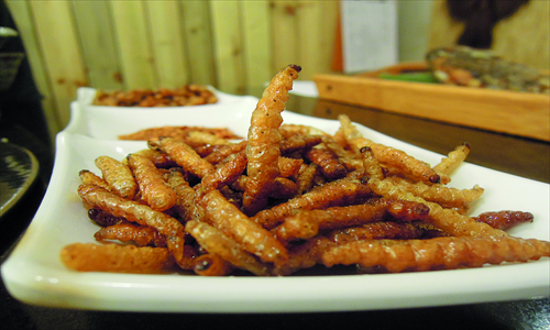 Bamboo worms at a restaurant in Beijing.
