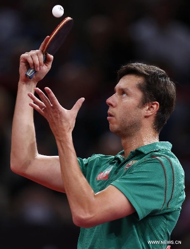Vladimir Samsonov of Belarus competes during men's singles round of 16 against Matsudaira Kenta of Japan at the 2013 World Table Tennis Championships in Paris, France on May 18, 2013. Vladimir Samsonov lost 3-4. (Xinhua/Wang Lili) 
