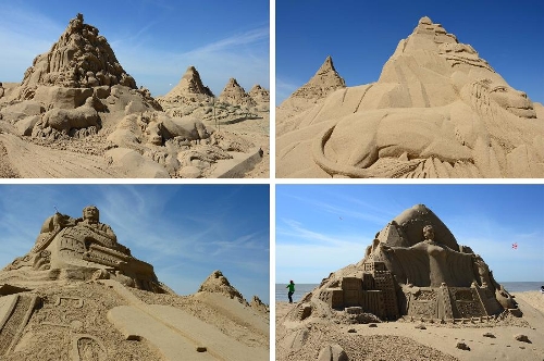 The combined photo taken on April 29, 2013 shows sand sculptures along the beach in Nanhai New District in Wendeng City, east China's Shandong Province. The 2,500-meter-long sand sculpture group attracted many tourists on Monday, the first day of the three-day Labor Day holiday. (Xinhua/Guo Xulei) 