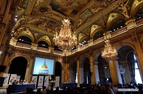 Photos taken on May 11, 2013 shows a view of the official draw of the upcoming World Table Tennis Championships in Paris, France. The world championships will kick off on May 13 and the final event will be held on May 20. (Xinhua/Tao Xiyi) 