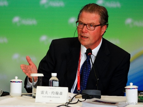 Chairman of Ericsson Leif Johansson speaks during a roundtable discussion themed in 