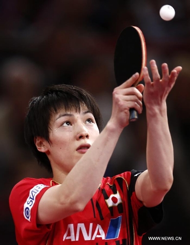 Matsudaira Kenta of Japan competes during men's singles round of 16 against Vladimir Samsonov of Belarus at the 2013 World Table Tennis Championships in Paris, France on May 18, 2013. Matsudaira Kenta won 4-3.(Xinhua/Wang Lili) 