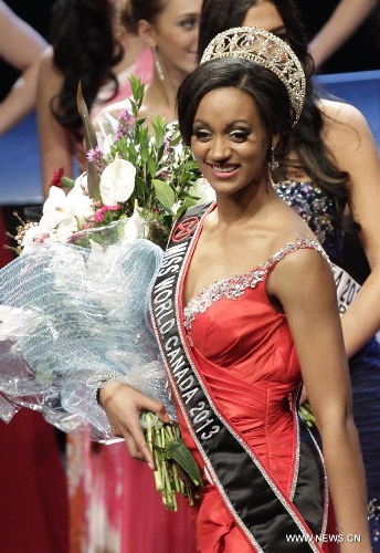 Camille Munro from Regina, Saskatoon was crowned to be Miss World Canada 2013 at River Rock Show Theatre in Richmond, Canada, May 9, 2013. Winning contestant Camille Munro will represent Canada in Miss World 2013 Final, to be held in Jakarta, Indonesia September 28.(Xinhua/Liang Sen)