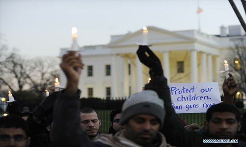 Supporters of gun control legislation hold candles and placards during a rally to pay respect for the shooting victims in front of the White House in Washington, capital of the United States, Dec. 14, 2012, following a deadly shooting spree in an elementary school in Newtown, Connecticut, which took place earlier in the day. Photo: Xinhua