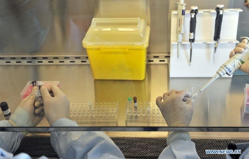 Technicians deal with test reagents for H7N9 bird flu virus at the Beijing Center for Diseases Control and Prevention in Beijing, China, April 3, 2013. Test reagents for H7N9 virus have arrived in Beijing on April 2. And the city's diseases control and prevention centre along with 55 laboratories in its network are capable of testing the virus. (Xinhua/Li Wen) 