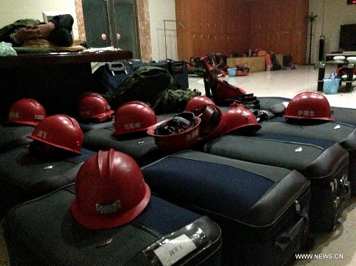 Photo taken on April 1, 2013 shows rescue device kits at the Babao Coal Mine in Jiangyuan District in the city of Baishan, northeast China's Jilin Province. Another coal-mine gas explosion left six people dead and 11 missing in the coal mine on Monday, three days after a similar blast killed 28 miners at the same site. (Xinhua/Zhang Nan) 