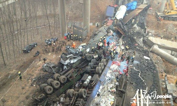 An expressway bridge partially collapsed due to a truck explosion Friday morning in central China's Henan Province. The explosion, which occurred around 8:52 am, caused several vehicles to tumble from the bridge in Mianchi County. Photo: people.com.cn