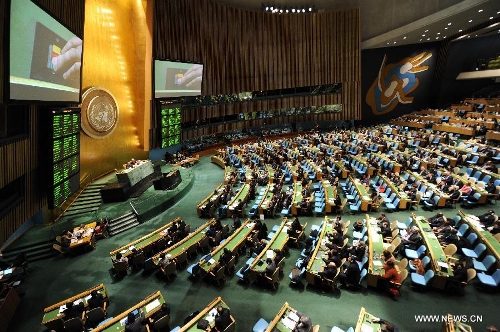 The UN General Assembly holds a meeting on the Arms Trade Treaty at the UN headquarters in New York, April 2, 2013. The UN General Assembly on Tuesday voted to adopt the Arms Trade Treaty, which regulates the multi-billion-U.S. dollar international arms trade. The treaty was adopted by a vote of 154 to 3, with 23 countries abstaining from the vote. The Democratic People's Republic of Korea (DPRK), Iran and Syria voted against the treaty. (Xinhua/Niu Xiaolei) Related: UN Assembly approves first-ever Arms Trade TreatyUNITED NATIONS, April 2 (Xinhua) -- The UN General Assembly by 154-3, with 23 abstentions, on Tuesday passed the Arms Trade Treaty (ATT) to limit for the first time international conventional weapons commerce, which was estimated at up to 70 billion U.S. dollars annually. Full story
