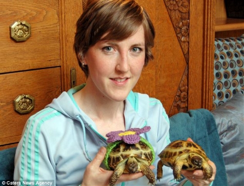 Canadian Katie Bradley has created hand-crocheted tortoise and turtle jumpers to keep pet turtles warm. (Photo Source: huanqiu.com)