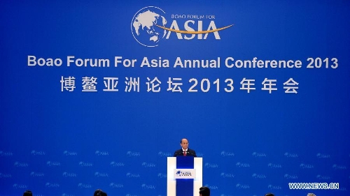 Myanmar's President U Thein Sein gives a speech at the opening ceremony of the Boao Forum for Asia (BFA) Annual Conference 2013 in Boao, south China's Hainan Province, April 7, 2013. (Xinhua/Zhao Yingquan)