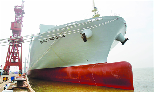 A container ship produced by Nantong COSCO KHI Ship Engineering Co earlier this year Photo: CFP