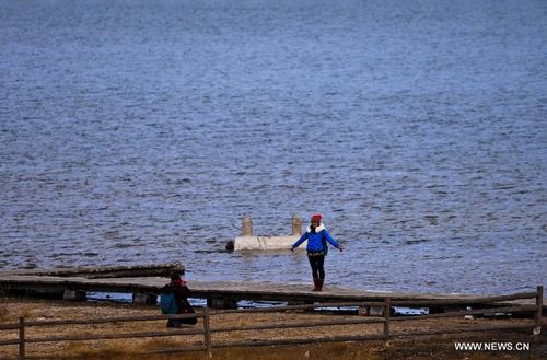 A tourists poses for photo by the Qinghai Lake in Northwest China's Qinghai Province, October 31, 2012. The Qinghai Lake, China's largest inland saltwater lake, measured 4,402.5 square km, according to the latest remote sensing survey. The figure was the largest in recent 12 years. Photo: Xinhua