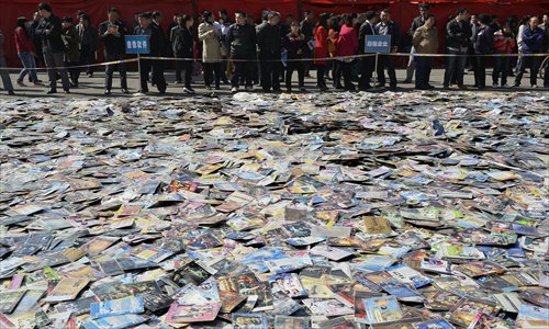 Some 636,000 pirated publications wait to be destroyed in Taiyuan, Shanxi Province on Thursday, one day ahead of the World Intellectual Property Day. Photo: CFP
