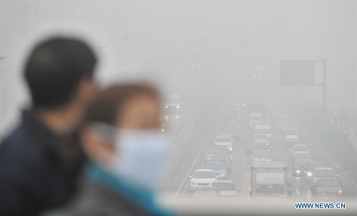 Citizens wearing masks walk amid fog and smog in Tianjin, north China, Feb. 28, 2013. The fog hit Tianjin on Feb. 28 morning, causing heavy air pollution in the city. (Xinhua/Yue Yuewei) 