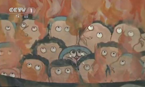 Japanese cartoon character Doraemon appears in murals at the Wat Sampa Siw temple, Thailand. Photos: screen shot of CCTV