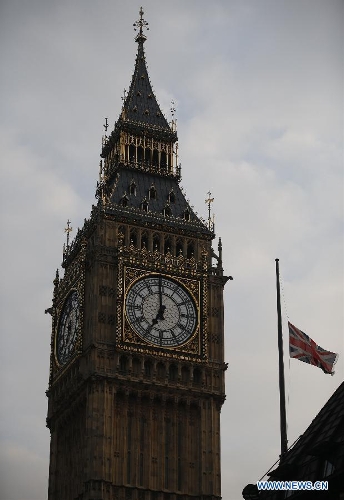 The Union Flag flies at half mast over Portcullis House following the death of former British Prime Minister Baroness Margaret Thatcher in London, Britain, on April 8, 2013. It has been confirmed that Lady Thatcher died this morning following a stroke at the age of 87. (Xinhua/Wang Lili) 