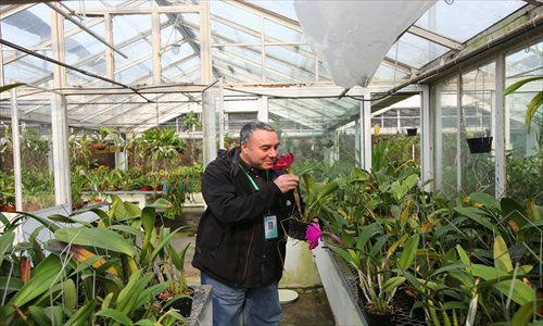 Alex Sánchez appreciates orchids at Shanghai Botanical Garden.