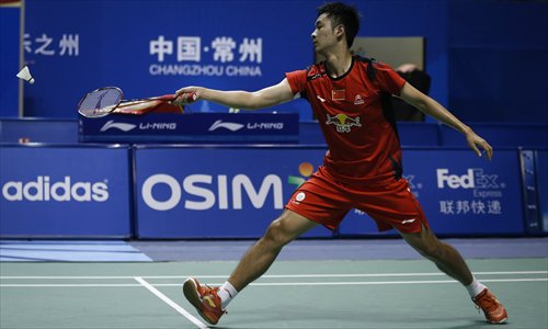 China's Wang Zhengming returns to South Korea's Son Wan-ho during their men's singles final at the China Masters badminton tournament in Changzhou, East China's Jiangsu Province, on Sunday. Photo: CFP