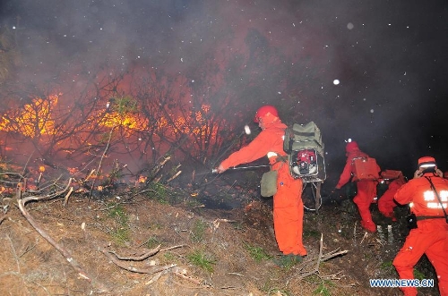 Forest policemen try to put out a forest fire in Anning, southwest China's Yunnan Province, April 9, 2013. The fire broke out around 1 p.m. (0500 GMT) in Anning City. Forest policemen and firefighters have been mobilized to quench the fire. (Xinhua/Zhong Yaojun) 