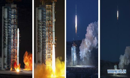 Combination photo taken on November 19, 2012 shows Long March-2C carrier rocket carrying an environment-monitoring satellite Huanjing-1C blasting off from the launch pad at the Taiyuan Satellite Launch Center in Taiyuan, capital of north China's Shanxi Province. The Huanjing-1C satellite and the other two satellites Huanjing-1A and Huanjing-1B, which were sent to the outer space in 2008, will be used to monitor the environment and help reduce natural disasters. Photo: Xinhua