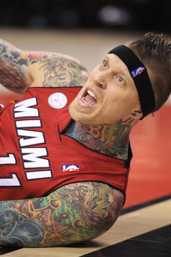 Chris Andersen of Miami Heat reacts during the NBA game against Toronto Raptors at Air Canada Centre in Toronto, Canada, March 17, 2013. Heat won 108-91. (Xinhua/Zou Zheng) 