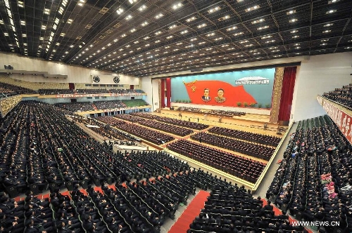 This photo provided by KCNA on Jan. 29, 2013 shows the scene of the Fourth Meeting of Secretaries of Cells of the Workers' Party of Korea (WPK) in Pyongyang, the Democratic People's Republic of Korea (DPRK), on Jan. 28, 2013. The grassroots leaders' meeting of the WPK, which opened Monday, was attended by around 10,000 cadres from across the country, the official KCNA news agency reported Tuesday. (Xinhua/KCNA) 