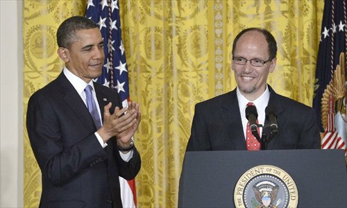 US President Barack Obama (L) nominates Thomas Perez, the federal assistant attorney general for civil rights, as the new Labor Secretary during a ceremony in the East Room of the White House in Washington D.C., capital of the United States, March 18, 2013. If confirmed by the Senate, he would be the first Hispanic chosen for Obama's second-term cabinet, succeeding Hilda Solis, who stepped down in January. (Xinhua/Zhang Jun)