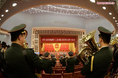 The military band plays music at closing meeting of the first session of the 12th National People's Congress (NPC) at the Great Hall of the People in Beijing, capital of China, March 17, 2013. (Xinhua/Chen Shugen)