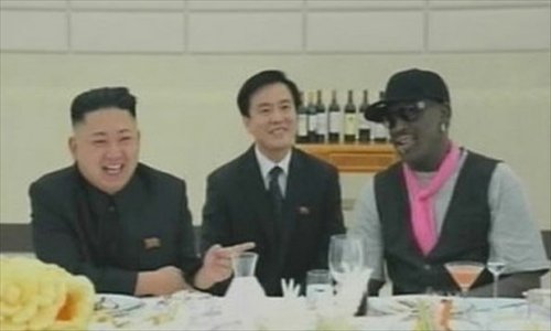 Kim Jong-un (left) is talking with Rodman at the dinner on February 28, 2013.Photo: KCNA