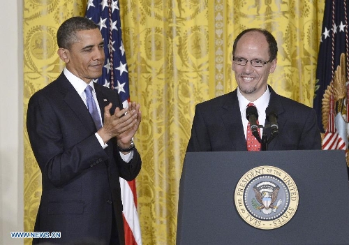 U.S. President Barack Obama (L) nominates Thomas Perez, the federal assistant attorney general for civil rights, as the new Labor Secretary during a ceremony in the East Room of the White House in Washington D.C., capital of the United States, March 18, 2013. If confirmed by the Senate, he would be the first Hispanic chosen for Obama's second-term cabinet, succeeding Hilda Solis, who stepped down in January. (Xinhua/Zhang Jun) Related:Obama nominates Thomas Perez as Labor SecretaryWASHINGTON, March 18 (Xinhua)-- U.S. President Barack Obama on Monday tapped Thomas Perez, the federal assistant attorney general for civil rights, as the new Labor Secretary.If confirmed by the Senate, he would be the first Hispanic chosen for Obama's second-term cabinet, succeeding Hilda Solis, who stepped down in January. Full story