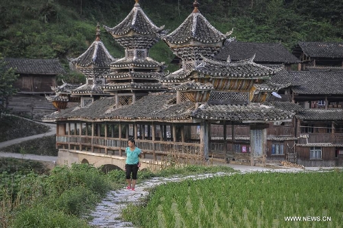 A woman with a baby on her back walks on the ridge in Dimen Dong minority village in Liping County of southwest China's Guizhou Province, June 20, 2013. Dimen is a Dong minority village with about 2,500 villagers. It is protected properly and all the villagers could enjoy their peaceful and quiet rural life as they did in the past over 700 years. (Xinhua/Ou Dongqu)