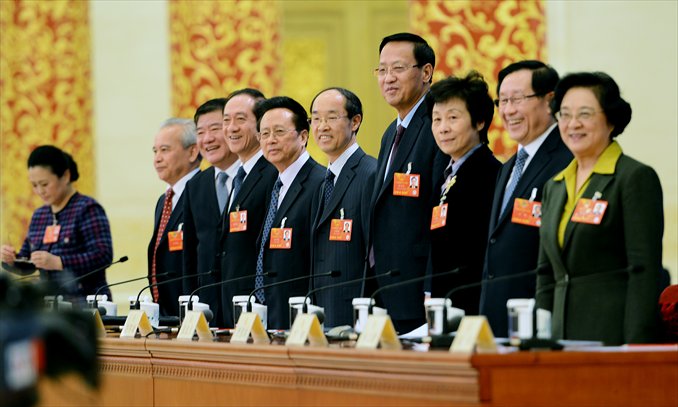 Leaders of the eight non-Communist parties and All China Federation of Industry and Commerce jointly hold a press conference on March 6 during the first session of the 12th National Committee of the Chinese People's Political Consultative Conference (CPPCC) in Beijing. Photo: CFP